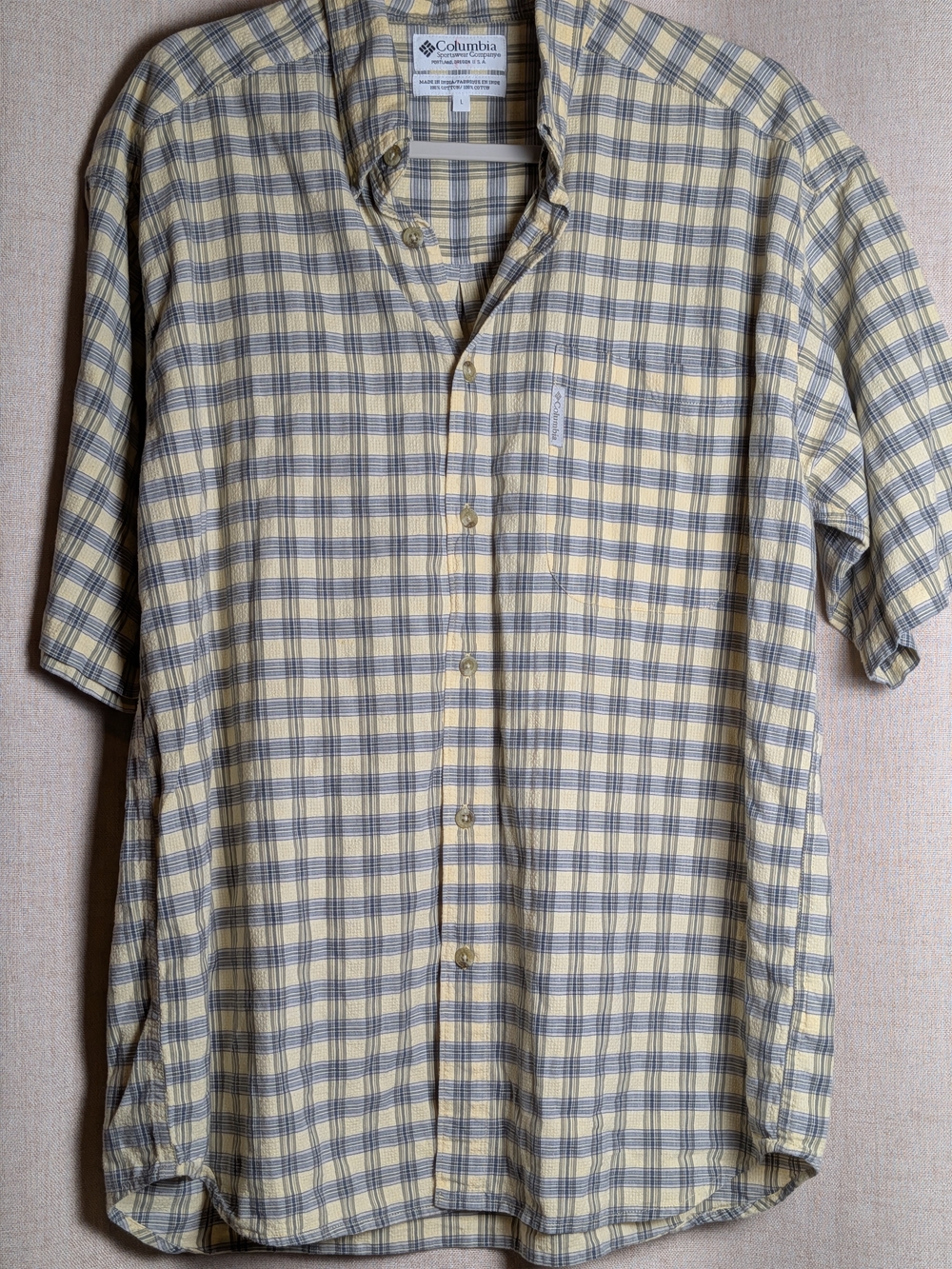 Columbia Yellow Blue Plaid Cotton Short Sleeve Shirt Men’s L